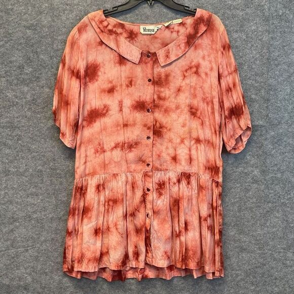 Vintage ROMANCE Top Medium Peach Blouson Tie-Dye Button Front Tunic Short Sleeve - Picture 1 of 16